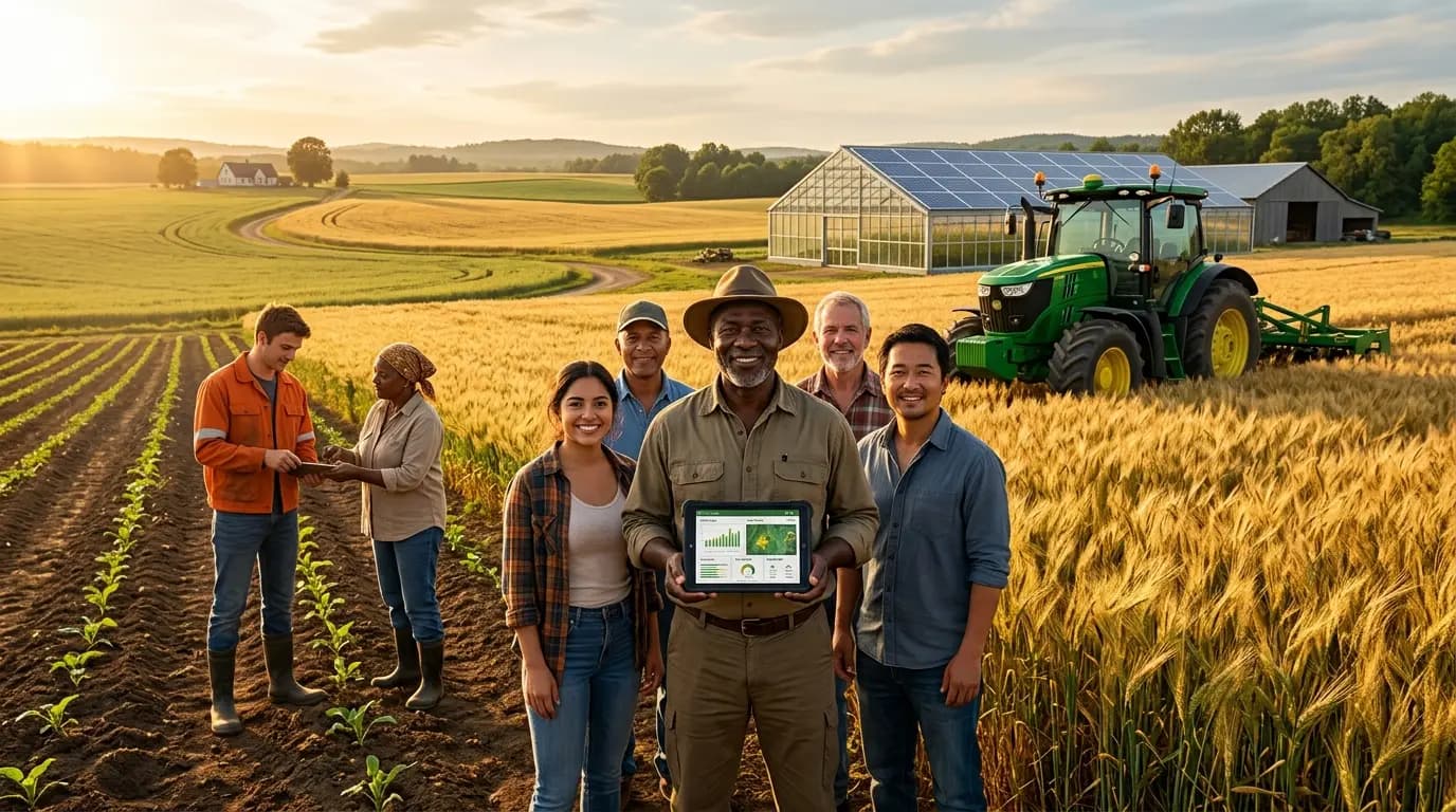 Farmers standing in a field in front of a barn and a tractor